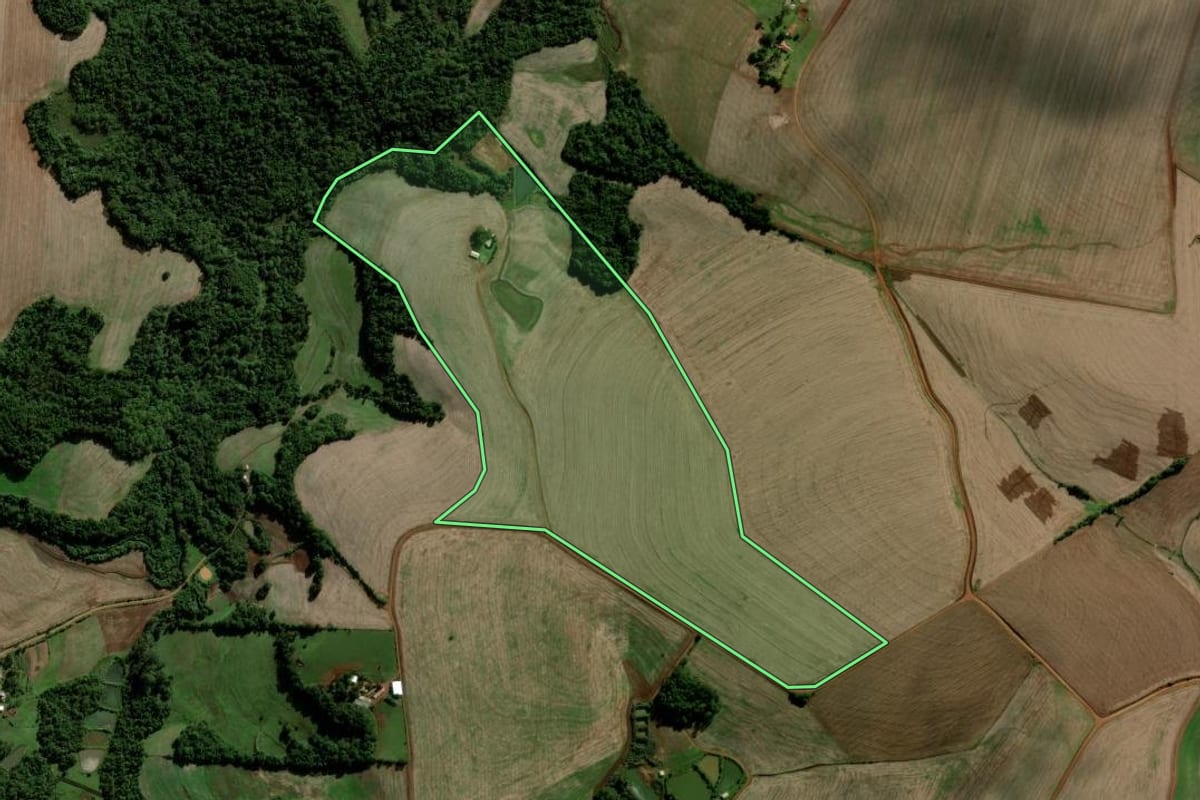 Imagem de satélite do imóvel rural em Catuípe (RS), com o contorno declarado no CAR desenhado por cima.