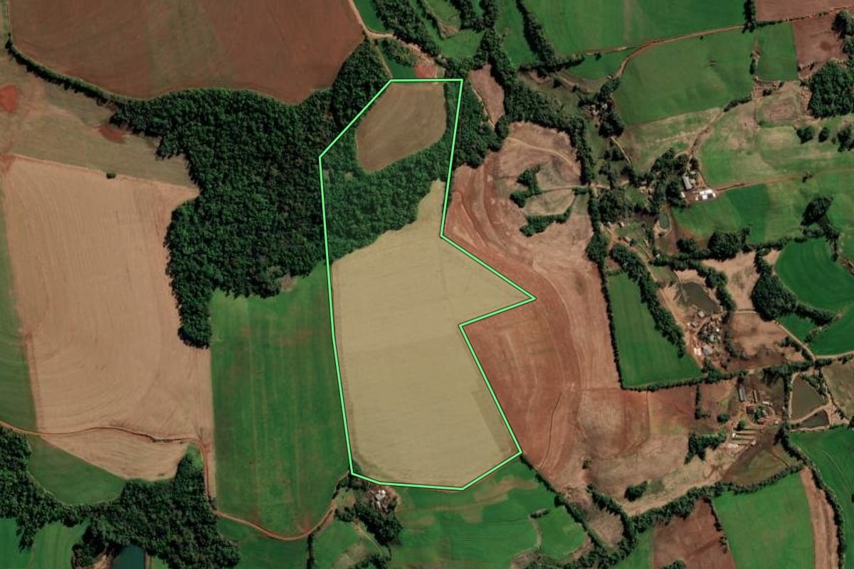 Imagem de satélite do imóvel rural em Catuípe (RS), com o contorno declarado no CAR desenhado por cima.