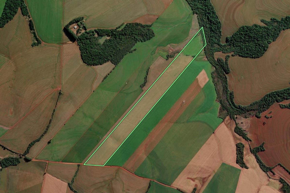 Imagem de satélite do imóvel rural em Catuípe (RS), com o contorno declarado no CAR desenhado por cima.