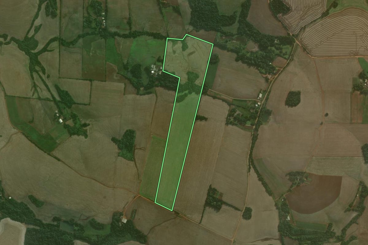 Imagem de satélite do imóvel rural em Catuípe (RS), com o contorno declarado no CAR desenhado por cima.