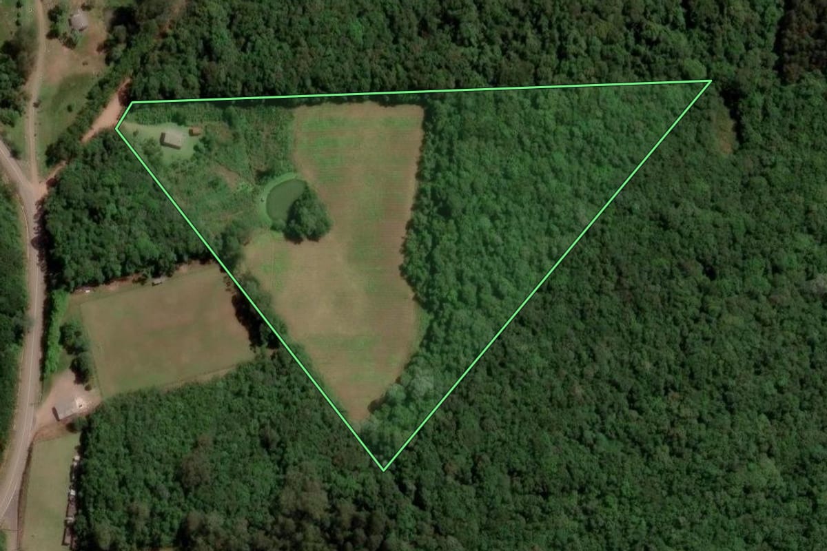 Imagem de satélite do imóvel rural em Caxias do Sul (RS), com o contorno declarado no CAR desenhado por cima.