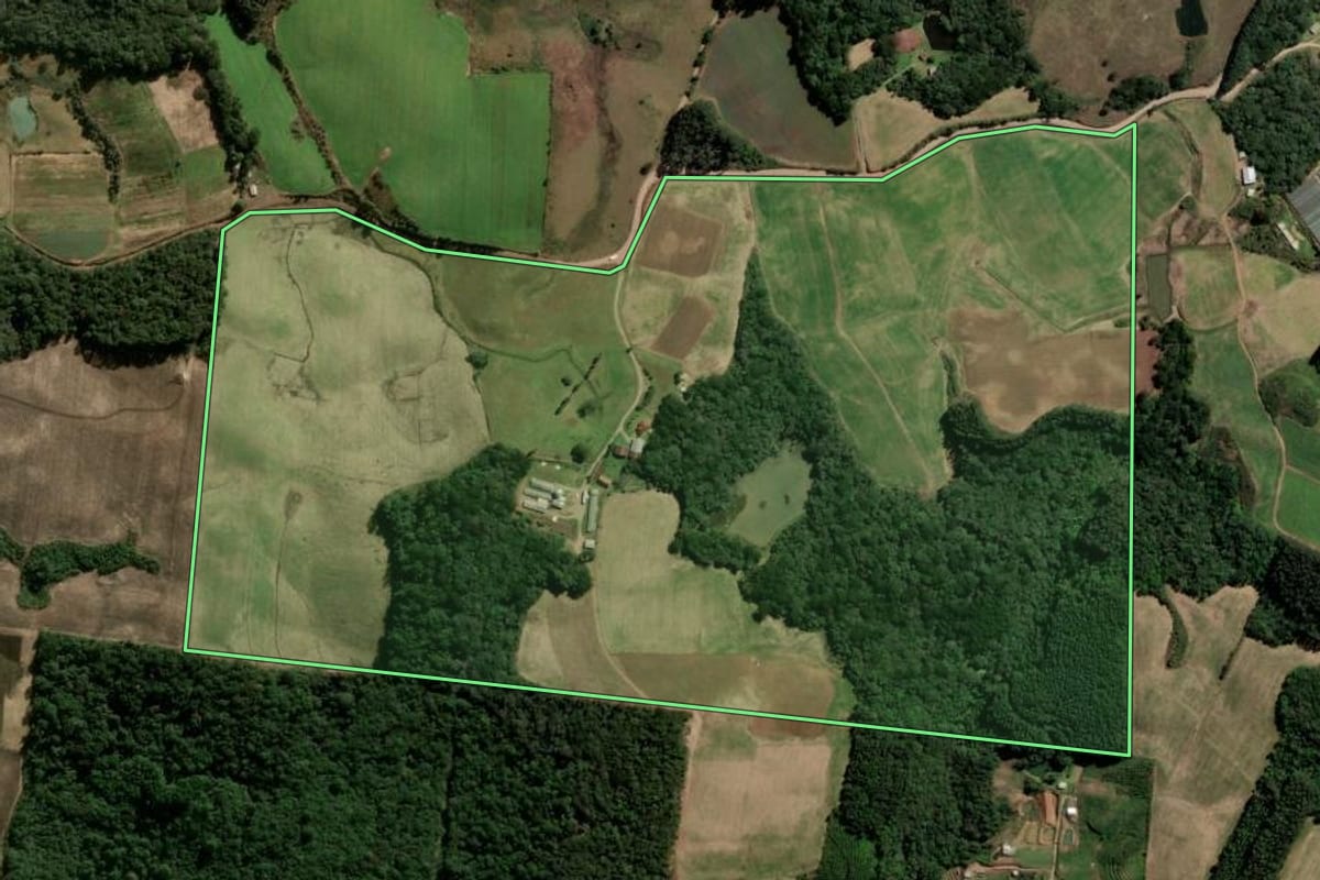 Imagem de satélite do imóvel rural em Caxias do Sul (RS), com o contorno declarado no CAR desenhado por cima.