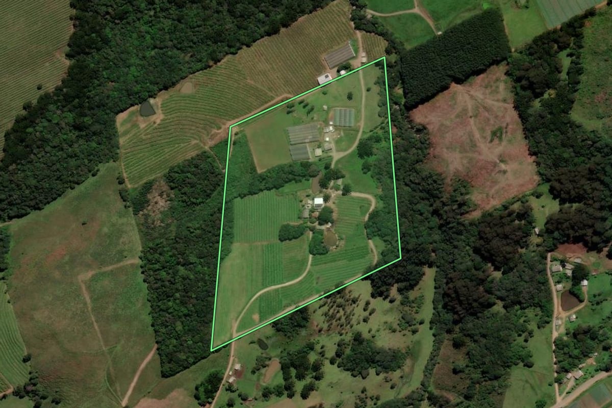 Imagem de satélite do imóvel rural em Caxias do Sul (RS), com o contorno declarado no CAR desenhado por cima.