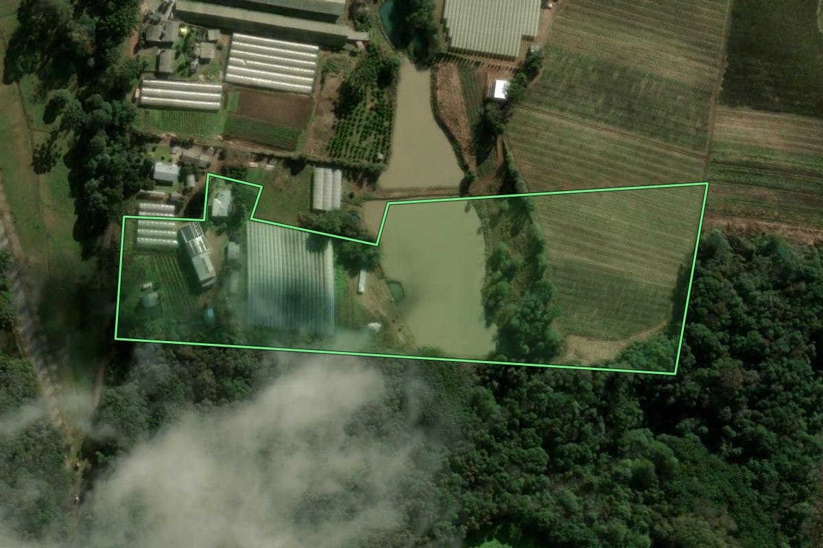 Imagem de satélite do imóvel rural em Caxias do Sul (RS), com o contorno declarado no CAR desenhado por cima.