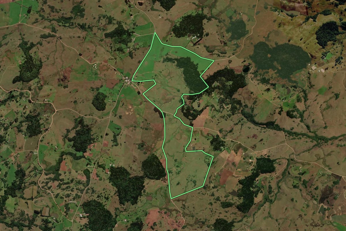 Imagem de satélite do imóvel rural em Caxias do Sul (RS), com o contorno declarado no CAR desenhado por cima.