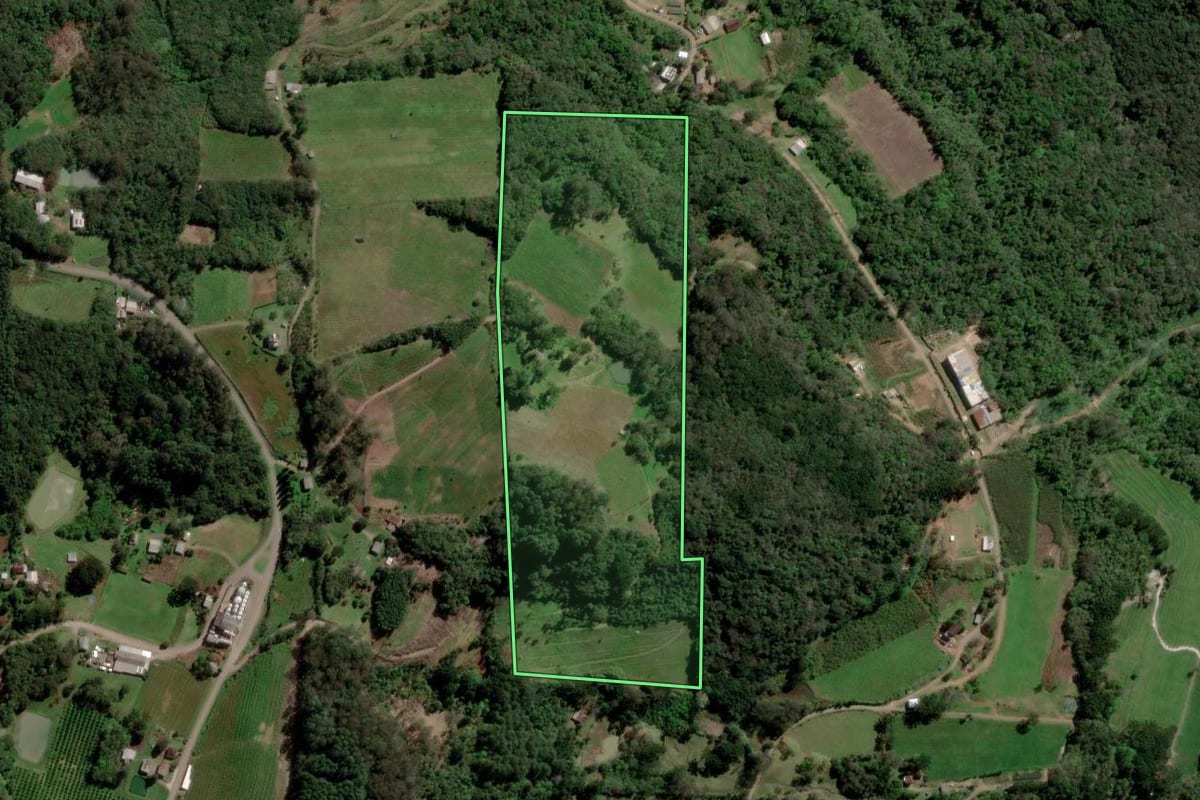 Imagem de satélite do imóvel rural em Caxias do Sul (RS), com o contorno declarado no CAR desenhado por cima.