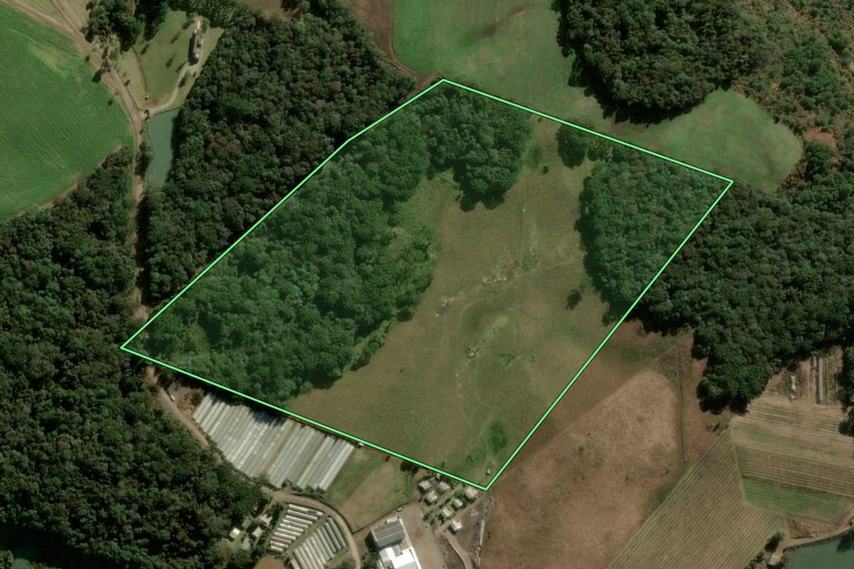 Imagem de satélite do imóvel rural em Caxias do Sul (RS), com o contorno declarado no CAR desenhado por cima.