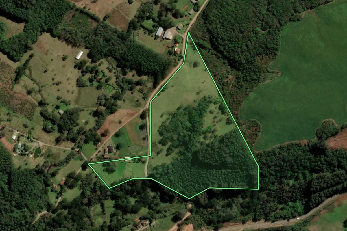 Imagem de satélite do imóvel rural em Caxias do Sul (RS), com o contorno declarado no CAR desenhado por cima.