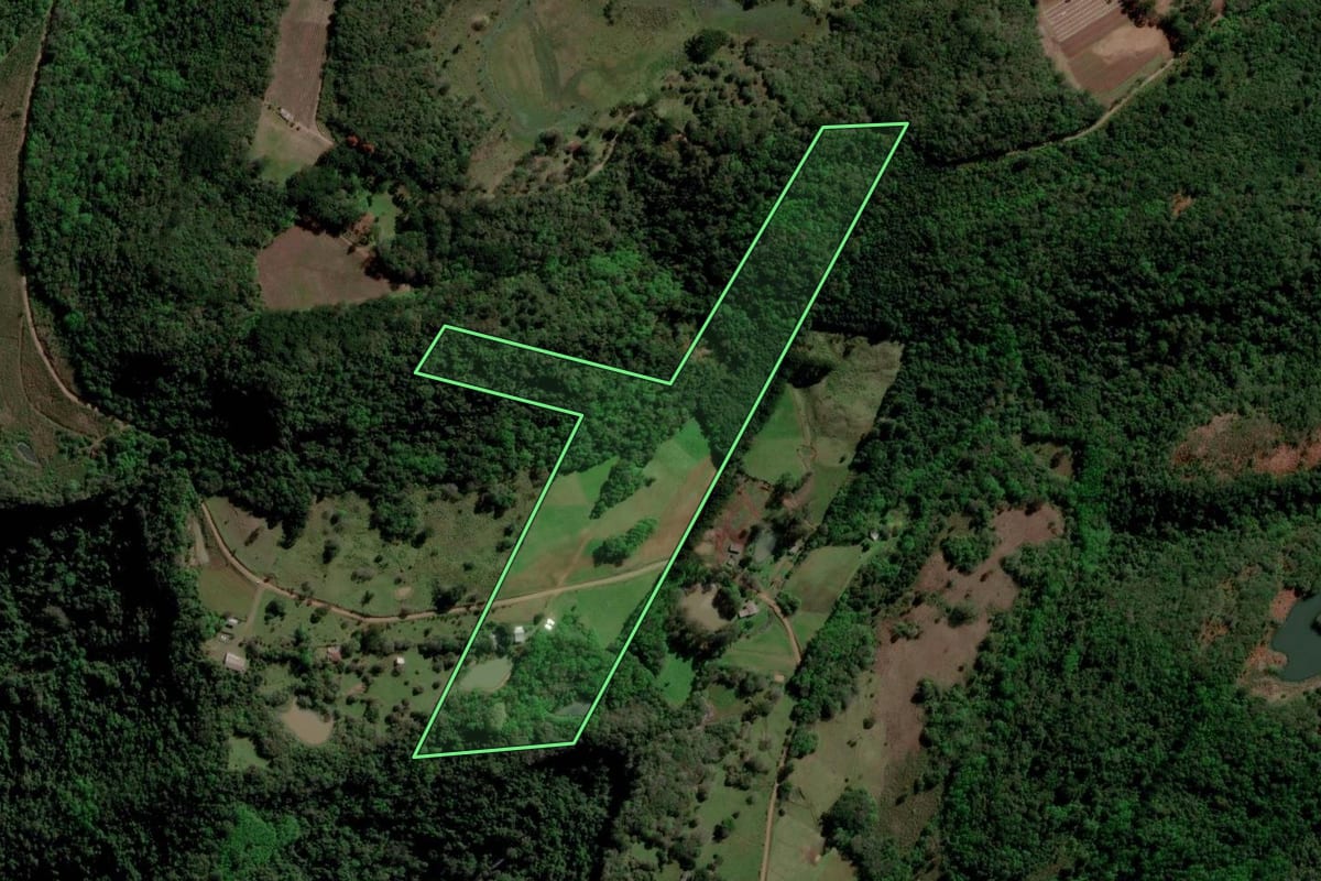 Imagem de satélite do imóvel rural em Caxias do Sul (RS), com o contorno declarado no CAR desenhado por cima.