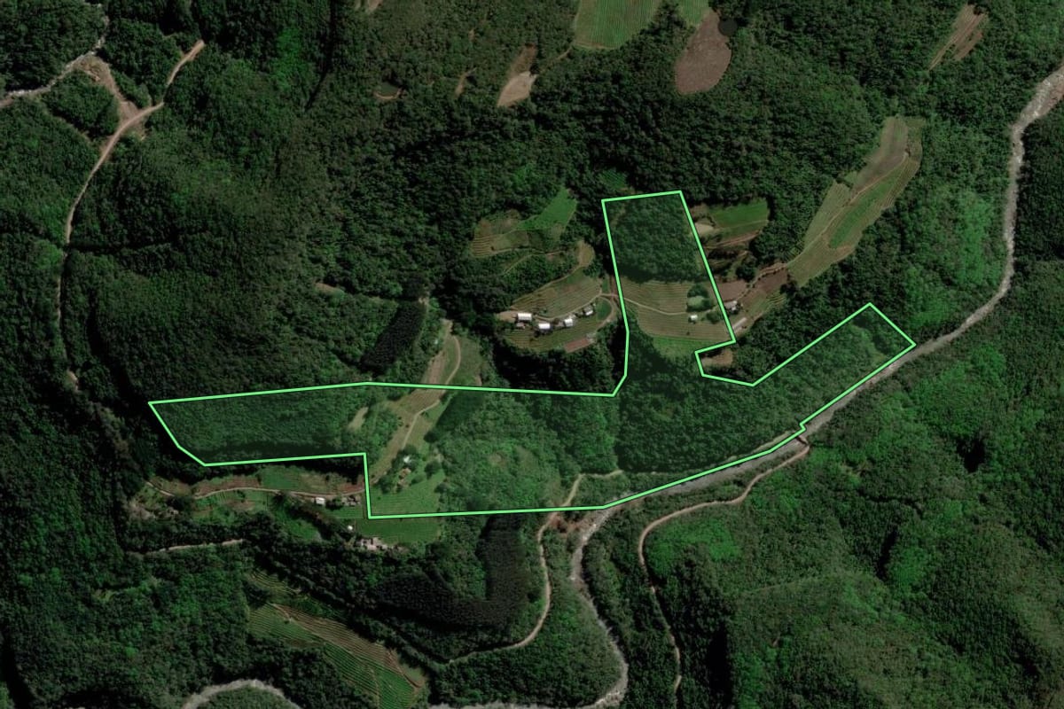 Imagem de satélite do imóvel rural em Caxias do Sul (RS), com o contorno declarado no CAR desenhado por cima.
