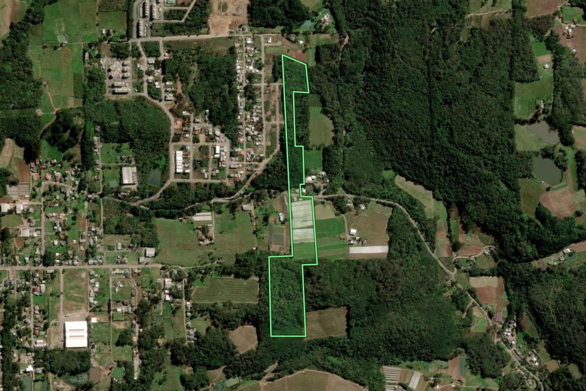 Imagem de satélite do imóvel rural em Caxias do Sul (RS), com o contorno declarado no CAR desenhado por cima.
