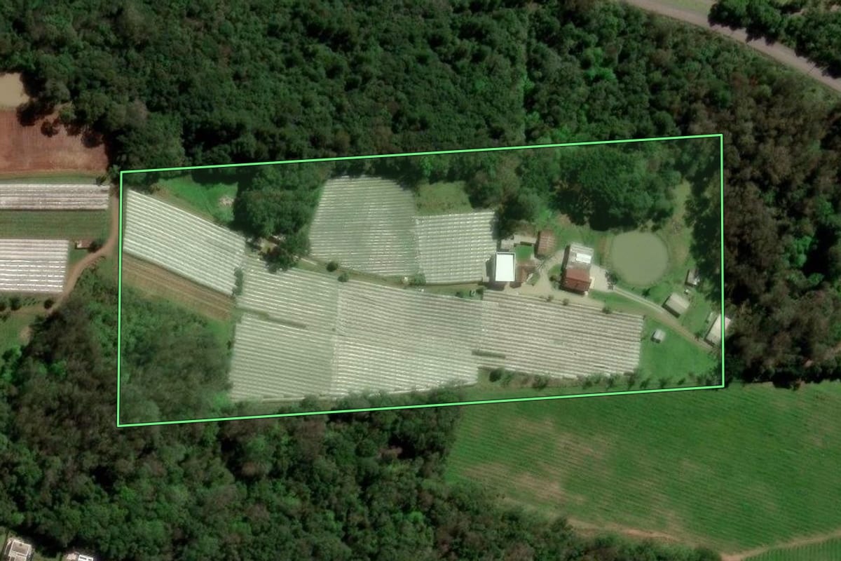 Imagem de satélite do imóvel rural em Caxias do Sul (RS), com o contorno declarado no CAR desenhado por cima.