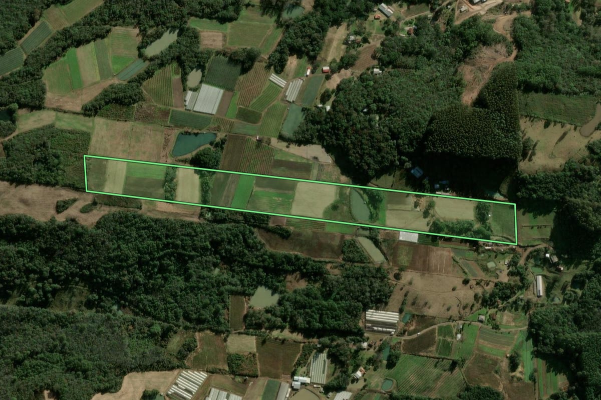 Imagem de satélite do imóvel rural em Caxias do Sul (RS), com o contorno declarado no CAR desenhado por cima.