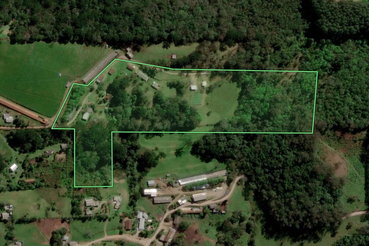 Imagem de satélite do imóvel rural em Caxias do Sul (RS), com o contorno declarado no CAR desenhado por cima.
