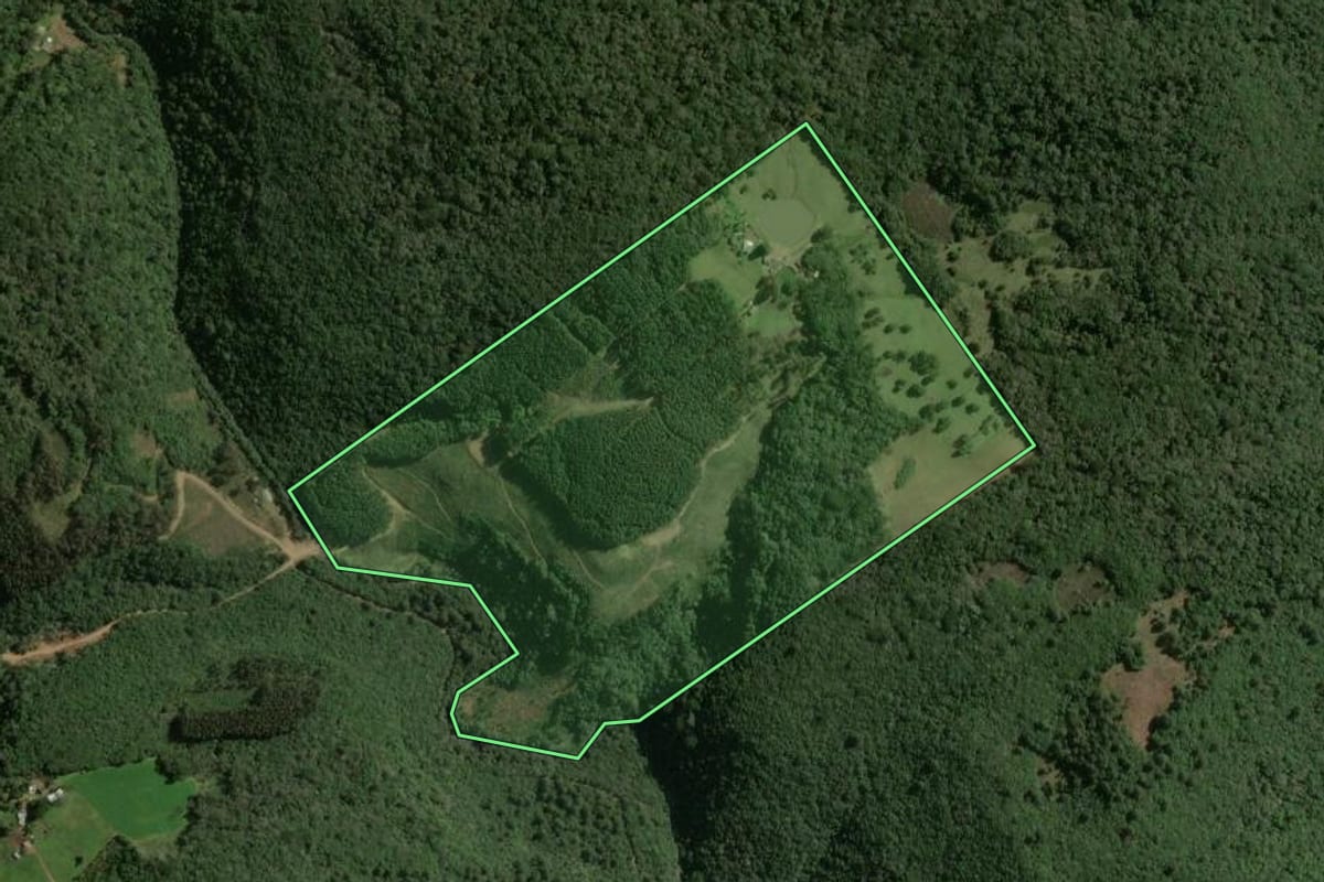 Imagem de satélite do imóvel rural em Caxias do Sul (RS), com o contorno declarado no CAR desenhado por cima.