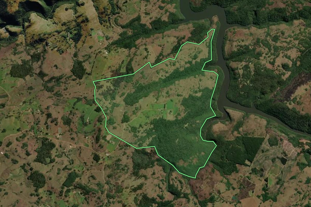 Imagem de satélite do imóvel rural em Caxias do Sul (RS), com o contorno declarado no CAR desenhado por cima.