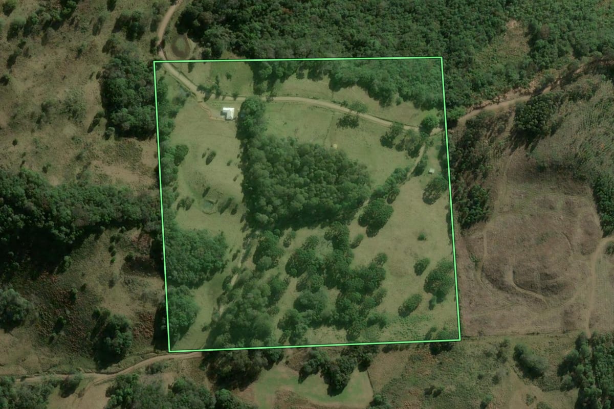 Imagem de satélite do imóvel rural em Caxias do Sul (RS), com o contorno declarado no CAR desenhado por cima.