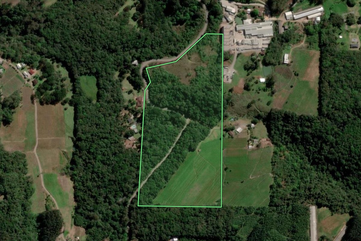 Imagem de satélite do imóvel rural em Caxias do Sul (RS), com o contorno declarado no CAR desenhado por cima.