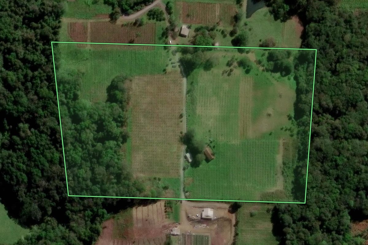Imagem de satélite do imóvel rural em Caxias do Sul (RS), com o contorno declarado no CAR desenhado por cima.