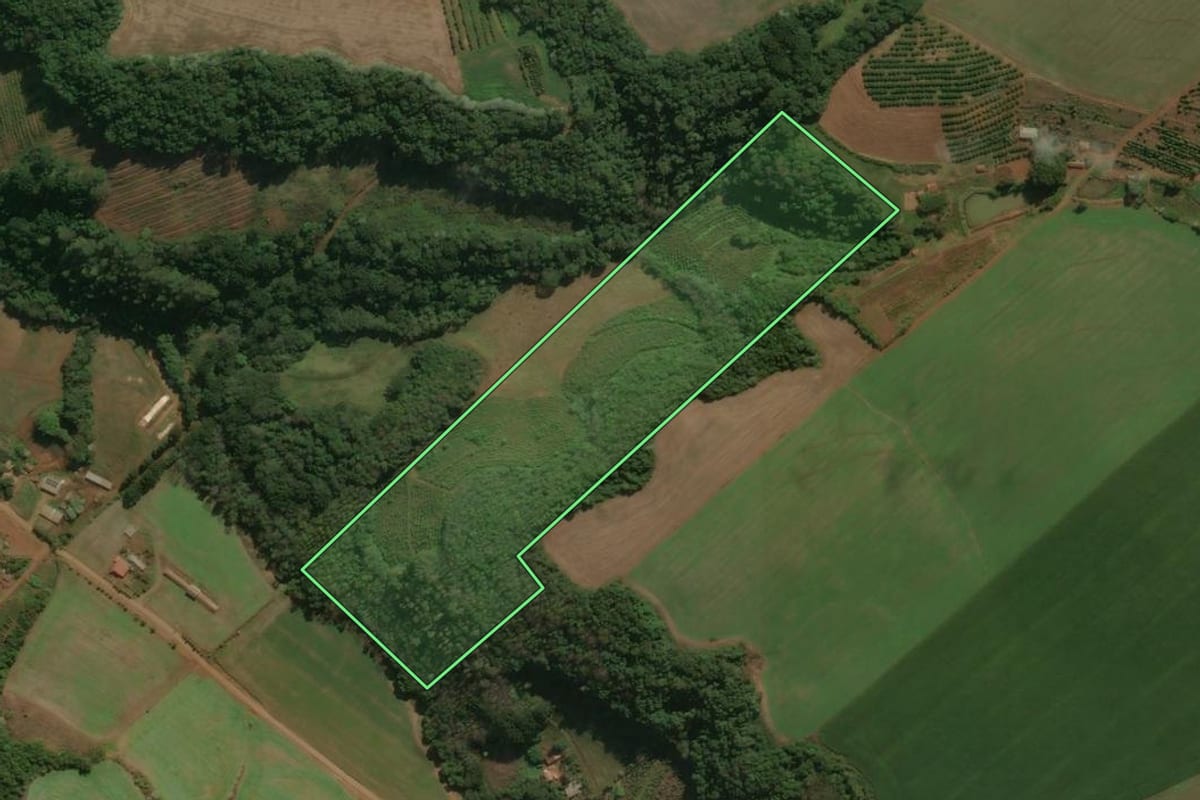 Imagem de satélite do imóvel rural em Centenário (RS), com o contorno declarado no CAR desenhado por cima.