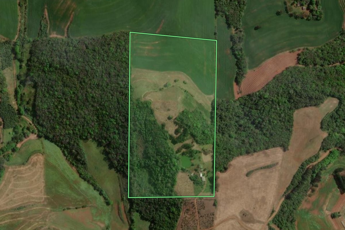 Imagem de satélite do imóvel rural em Centenário (RS), com o contorno declarado no CAR desenhado por cima.
