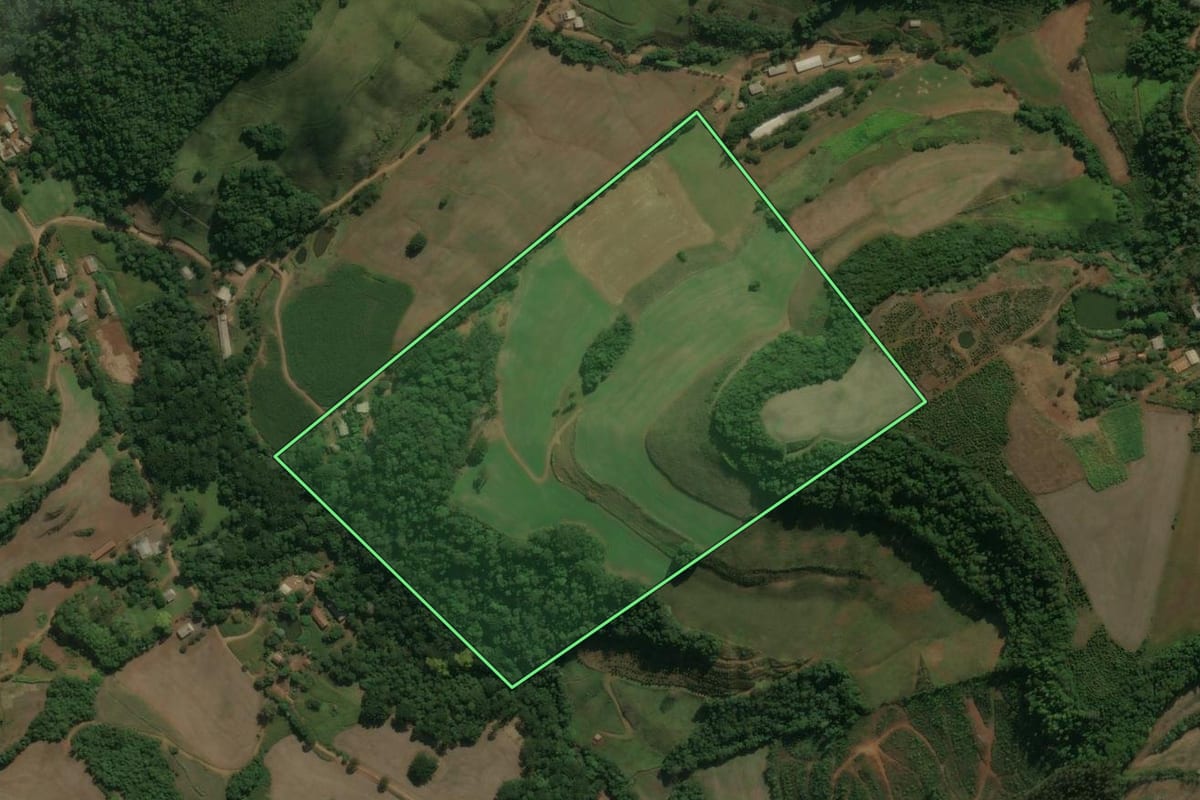 Imagem de satélite do imóvel rural em Centenário (RS), com o contorno declarado no CAR desenhado por cima.