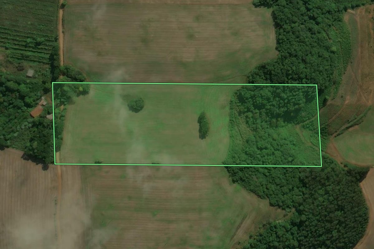 Imagem de satélite do imóvel rural em Centenário (RS), com o contorno declarado no CAR desenhado por cima.