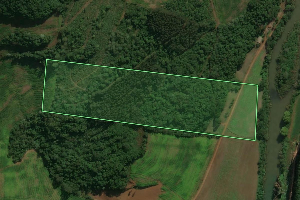 Imagem de satélite do imóvel rural em Centenário (RS), com o contorno declarado no CAR desenhado por cima.