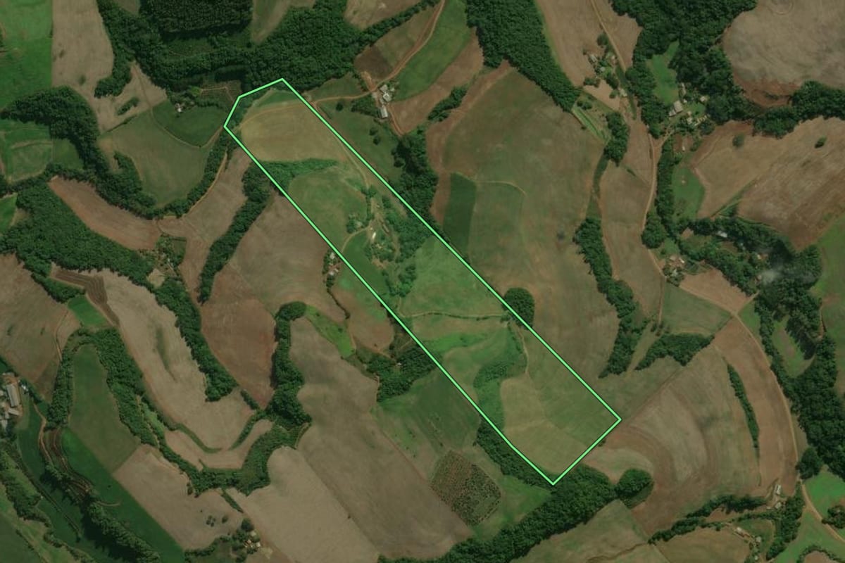 Imagem de satélite do imóvel rural em Centenário (RS), com o contorno declarado no CAR desenhado por cima.
