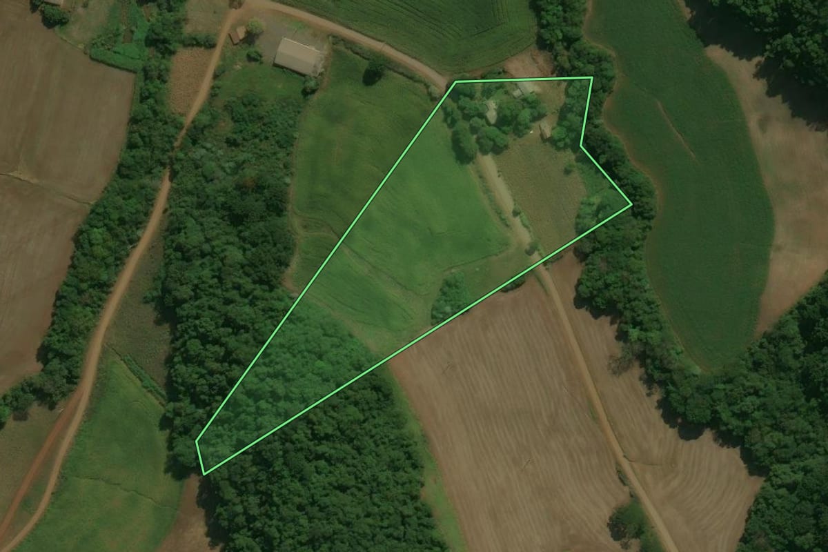 Imagem de satélite do imóvel rural em Centenário (RS), com o contorno declarado no CAR desenhado por cima.