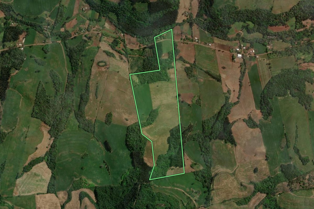 Imagem de satélite do imóvel rural em Centenário (RS), com o contorno declarado no CAR desenhado por cima.