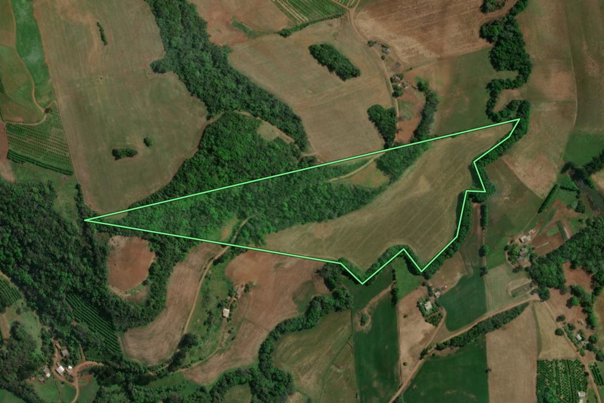 Imagem de satélite do imóvel rural em Centenário (RS), com o contorno declarado no CAR desenhado por cima.
