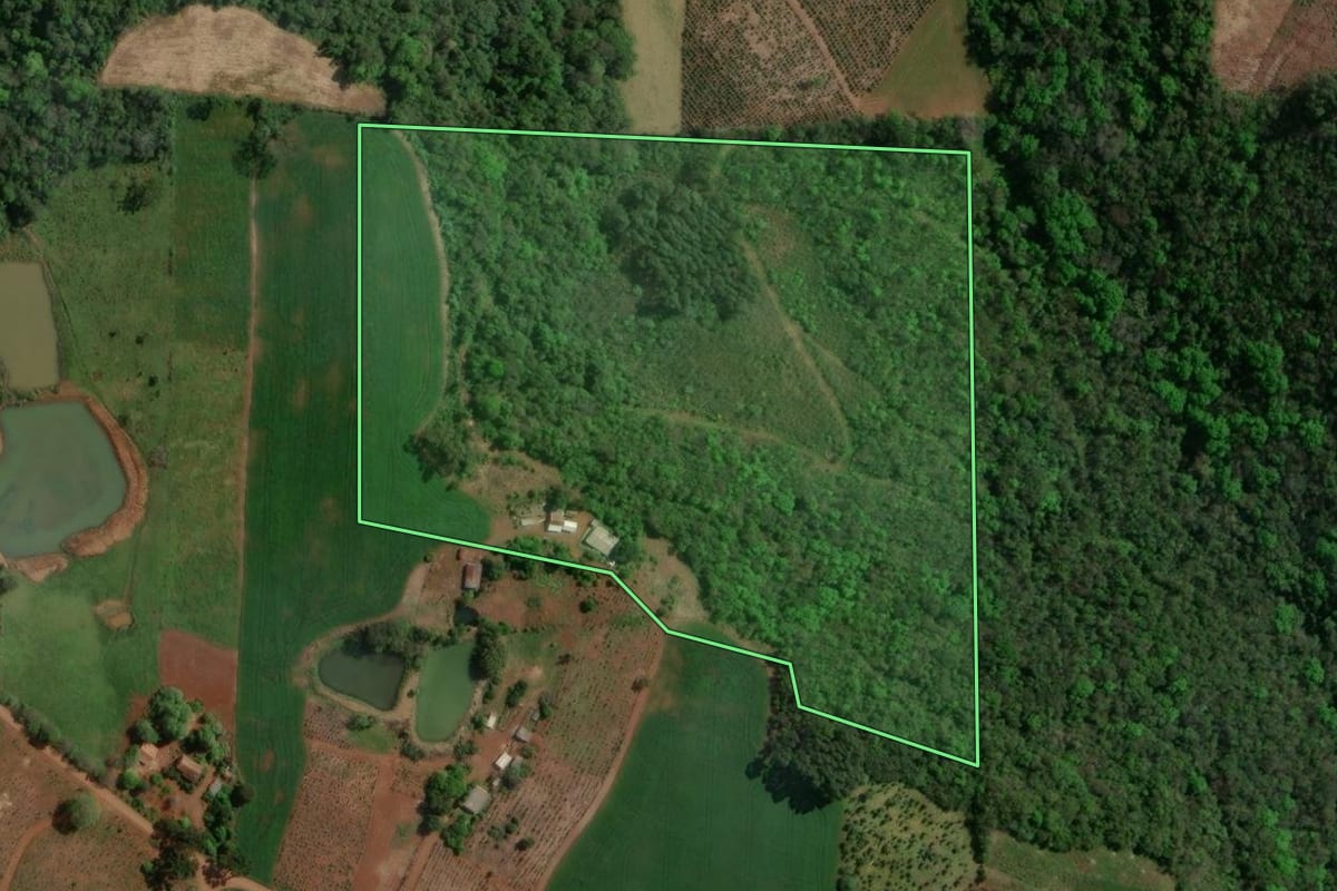 Imagem de satélite do imóvel rural em Centenário (RS), com o contorno declarado no CAR desenhado por cima.