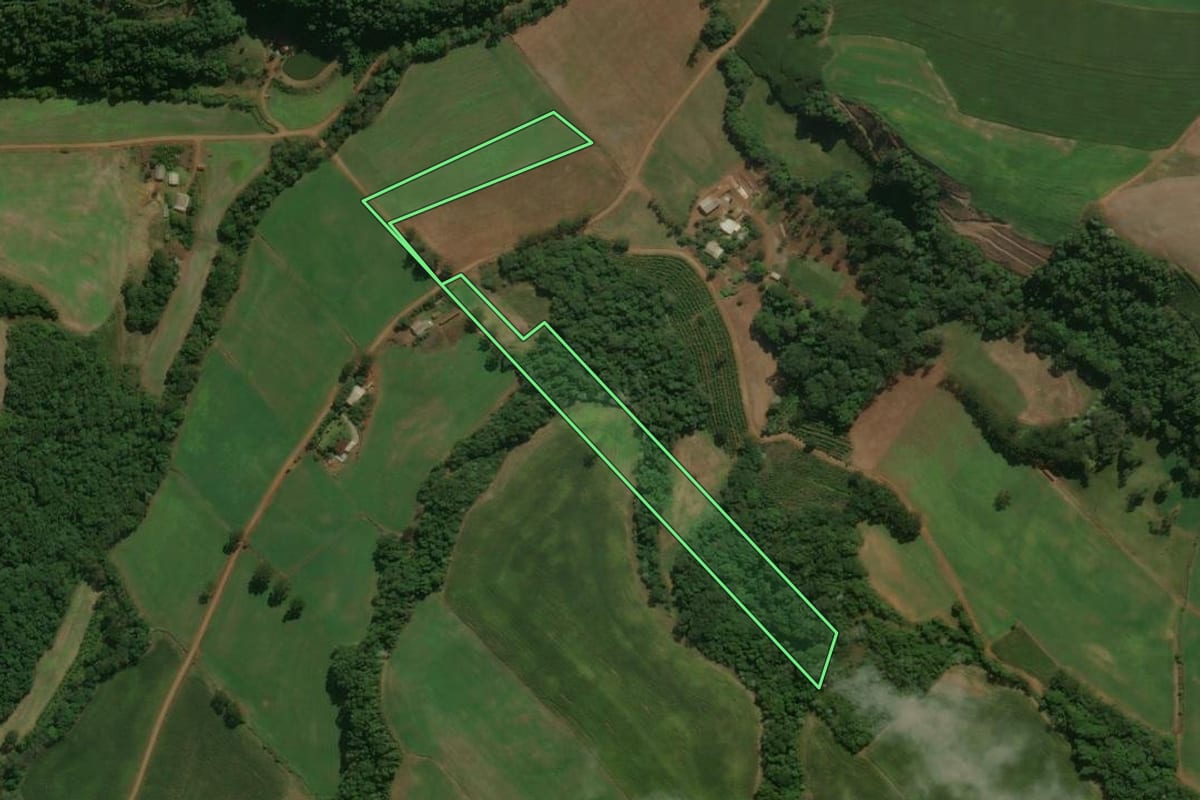 Imagem de satélite do imóvel rural em Centenário (RS), com o contorno declarado no CAR desenhado por cima.