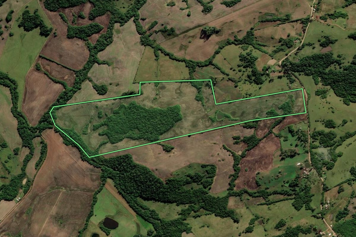 Imagem de satélite do imóvel rural em Cerrito (RS), com o contorno declarado no CAR desenhado por cima.
