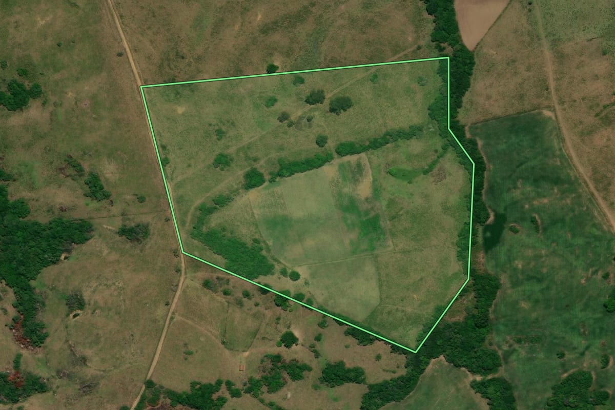 Imagem de satélite do imóvel rural em Cerrito (RS), com o contorno declarado no CAR desenhado por cima.