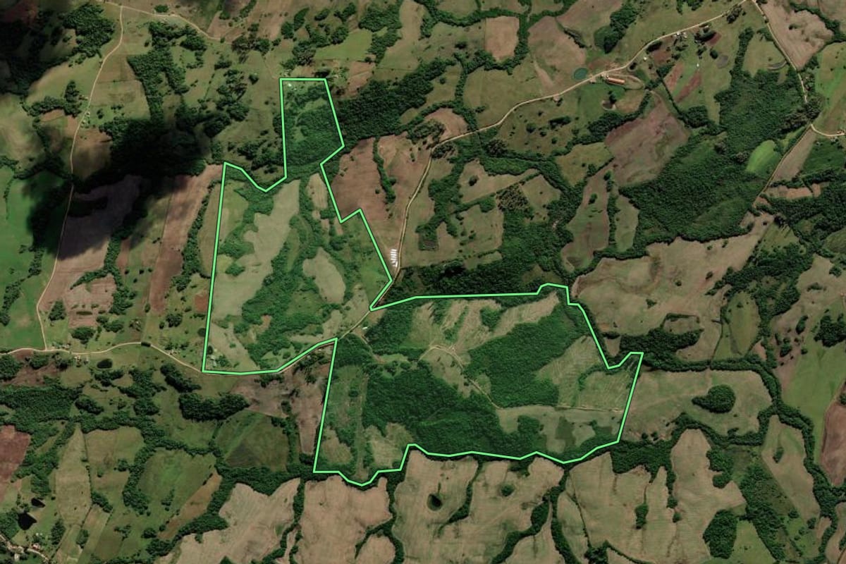 Imagem de satélite do imóvel rural em Cerrito (RS), com o contorno declarado no CAR desenhado por cima.