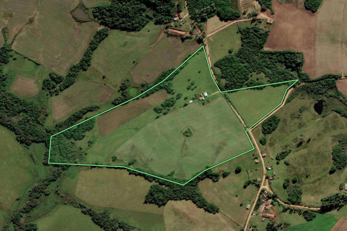 Imagem de satélite do imóvel rural em Cerrito (RS), com o contorno declarado no CAR desenhado por cima.