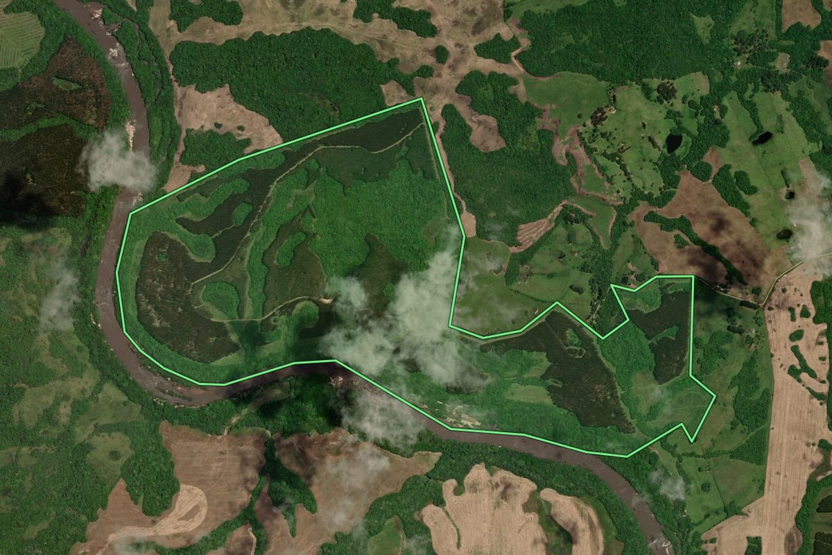 Imagem de satélite do imóvel rural em Cerrito (RS), com o contorno declarado no CAR desenhado por cima.