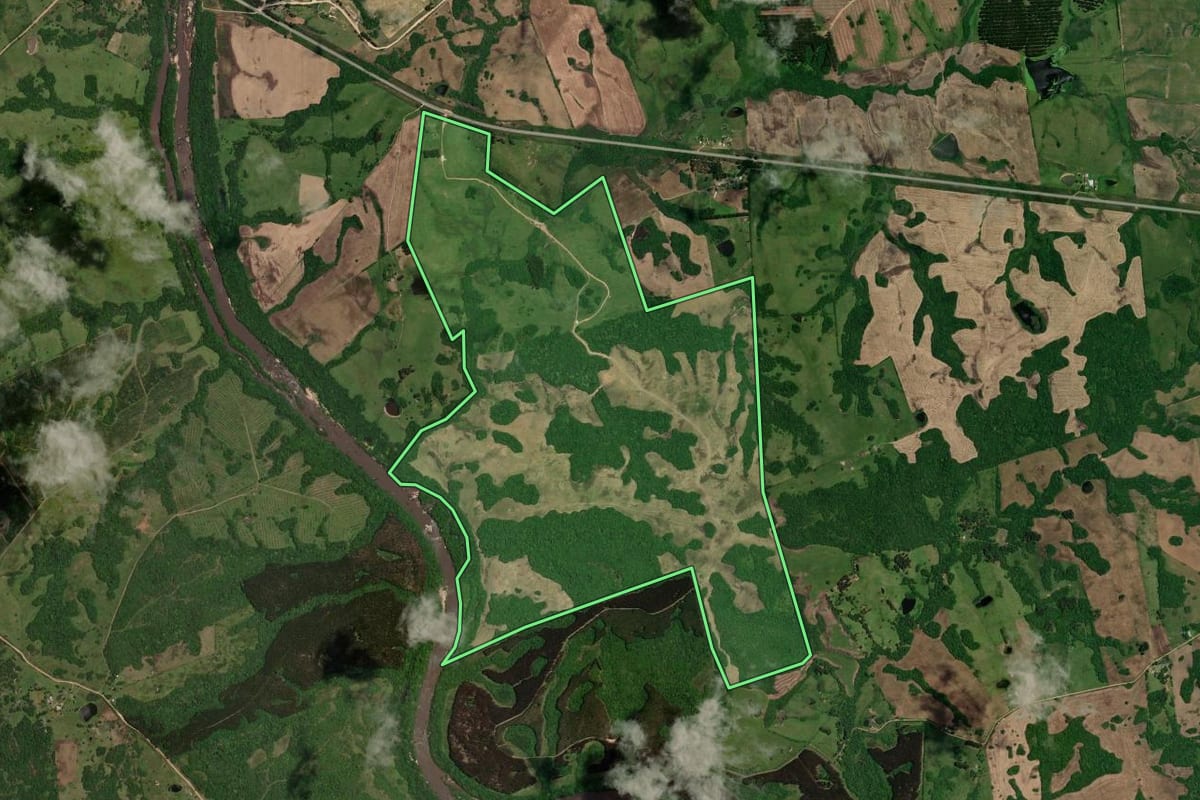 Imagem de satélite do imóvel rural em Cerrito (RS), com o contorno declarado no CAR desenhado por cima.