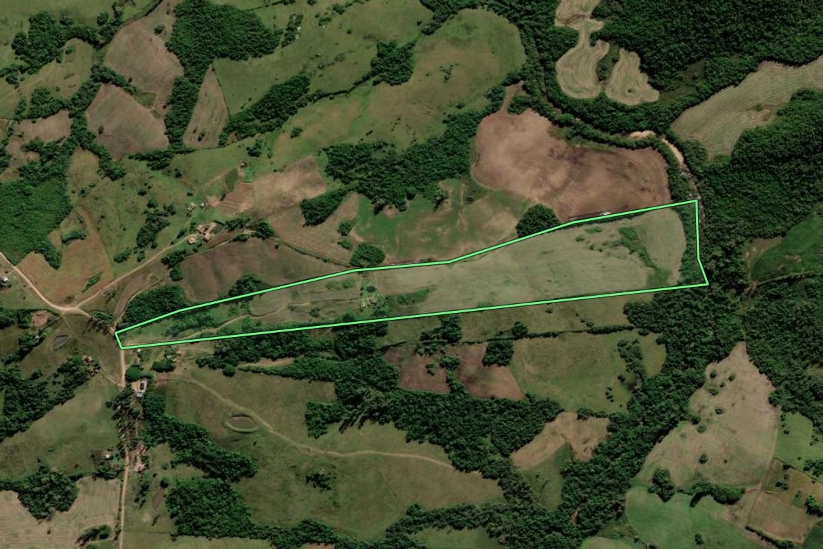 Imagem de satélite do imóvel rural em Cerrito (RS), com o contorno declarado no CAR desenhado por cima.