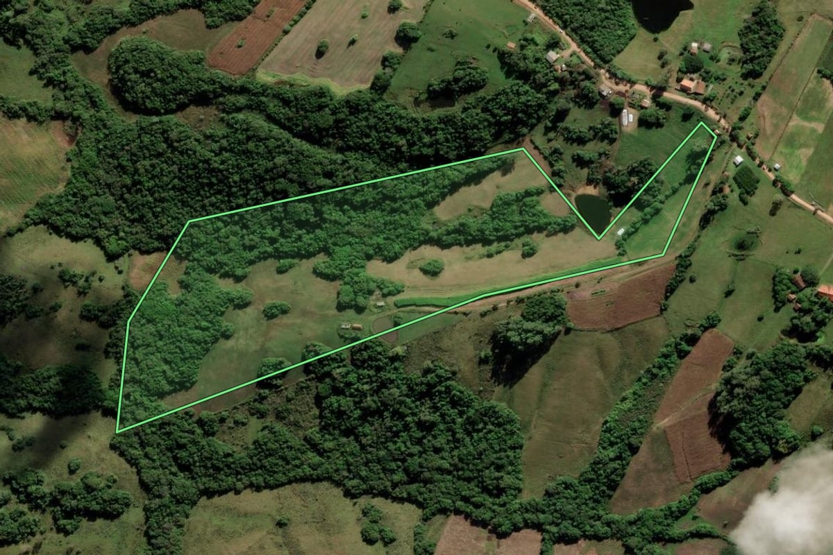 Imagem de satélite do imóvel rural em Cerrito (RS), com o contorno declarado no CAR desenhado por cima.