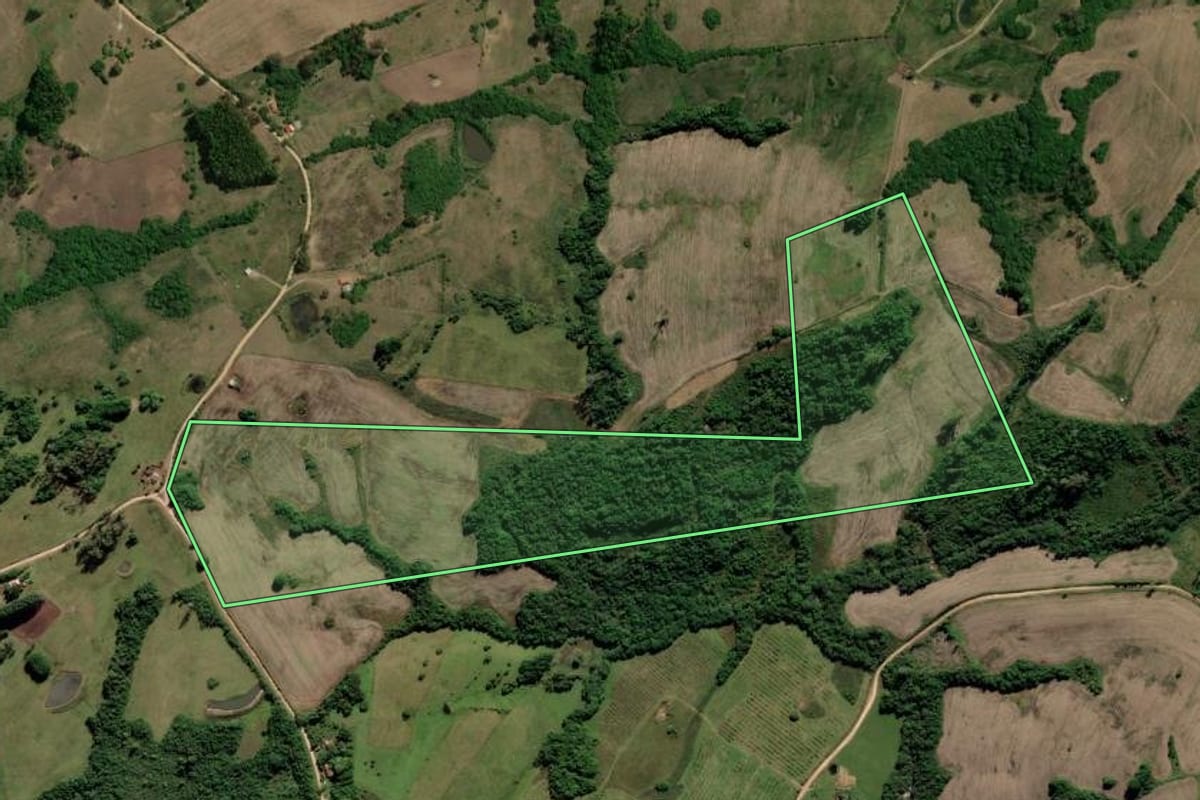 Imagem de satélite do imóvel rural em Cerrito (RS), com o contorno declarado no CAR desenhado por cima.