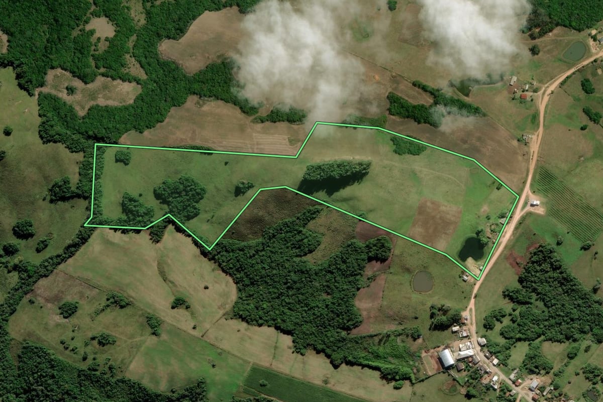 Imagem de satélite do imóvel rural em Cerrito (RS), com o contorno declarado no CAR desenhado por cima.