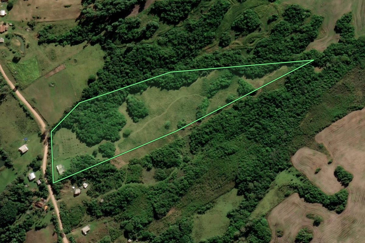 Imagem de satélite do imóvel rural em Cerrito (RS), com o contorno declarado no CAR desenhado por cima.
