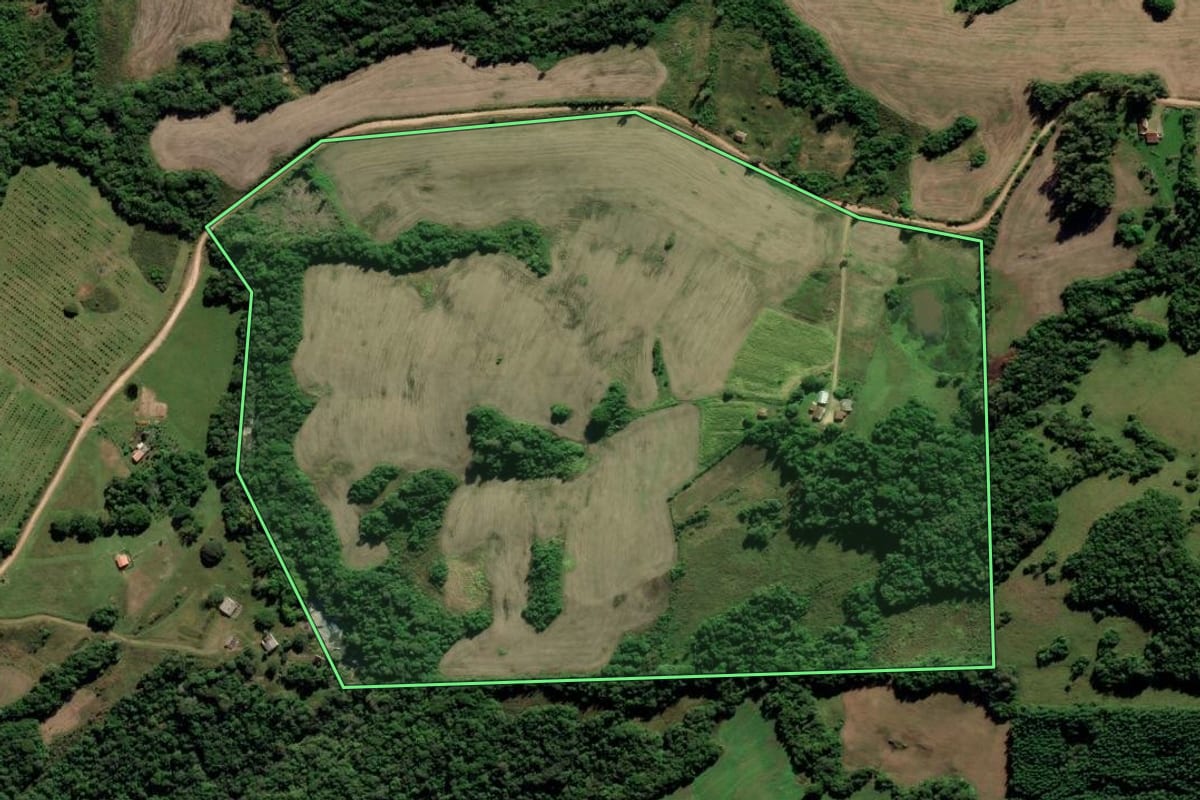 Imagem de satélite do imóvel rural em Cerrito (RS), com o contorno declarado no CAR desenhado por cima.