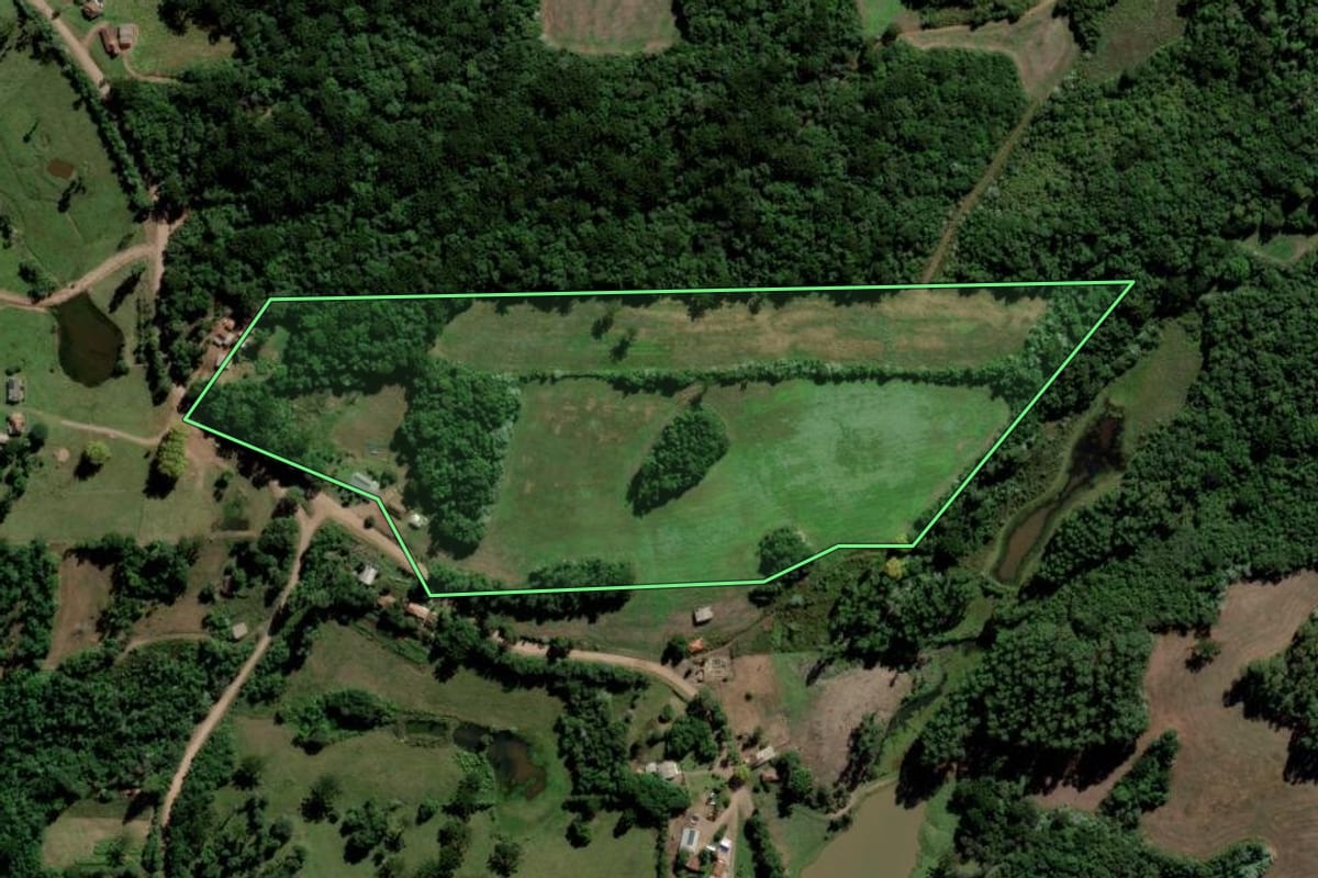 Imagem de satélite do imóvel rural em Cerro Branco (RS), com o contorno declarado no CAR desenhado por cima.