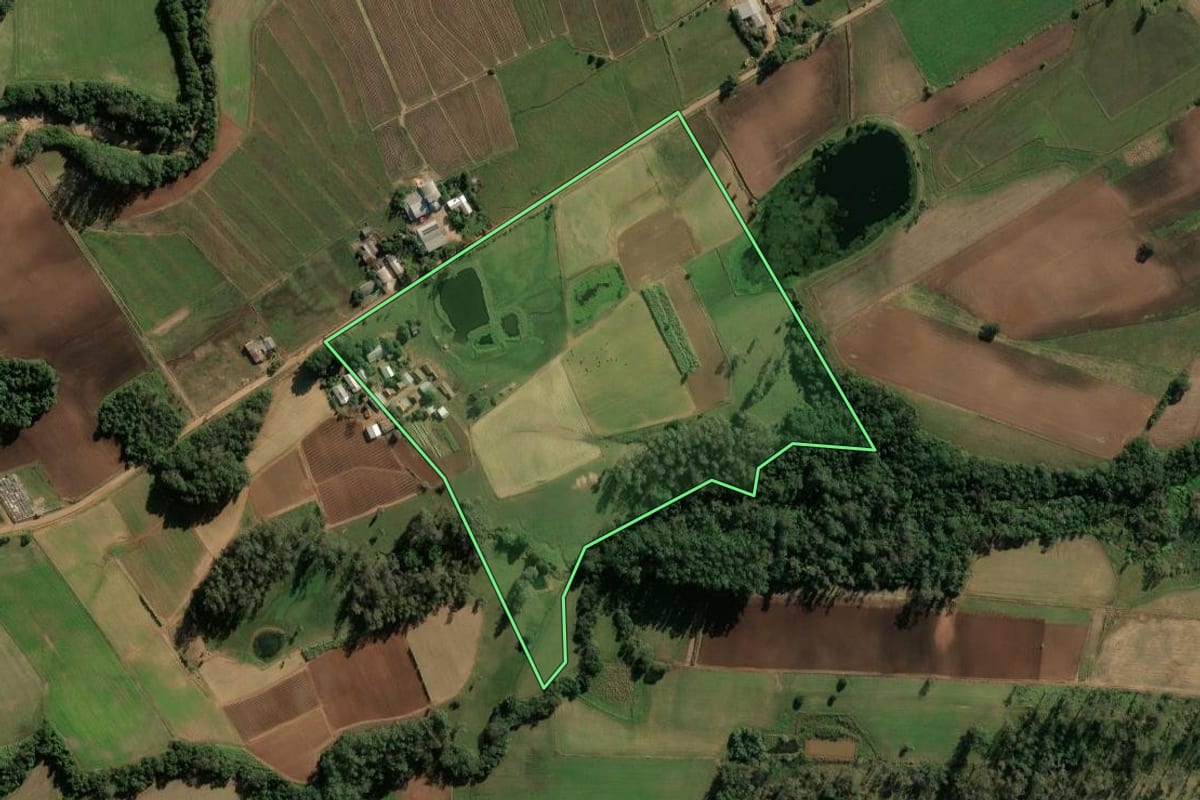 Imagem de satélite do imóvel rural em Cerro Branco (RS), com o contorno declarado no CAR desenhado por cima.