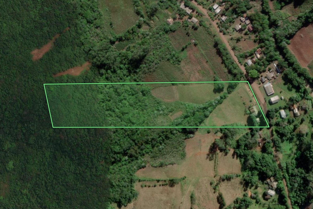 Imagem de satélite do imóvel rural em Cerro Branco (RS), com o contorno declarado no CAR desenhado por cima.