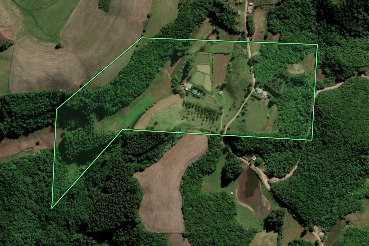 Imagem de satélite do imóvel rural em Cerro Branco (RS), com o contorno declarado no CAR desenhado por cima.